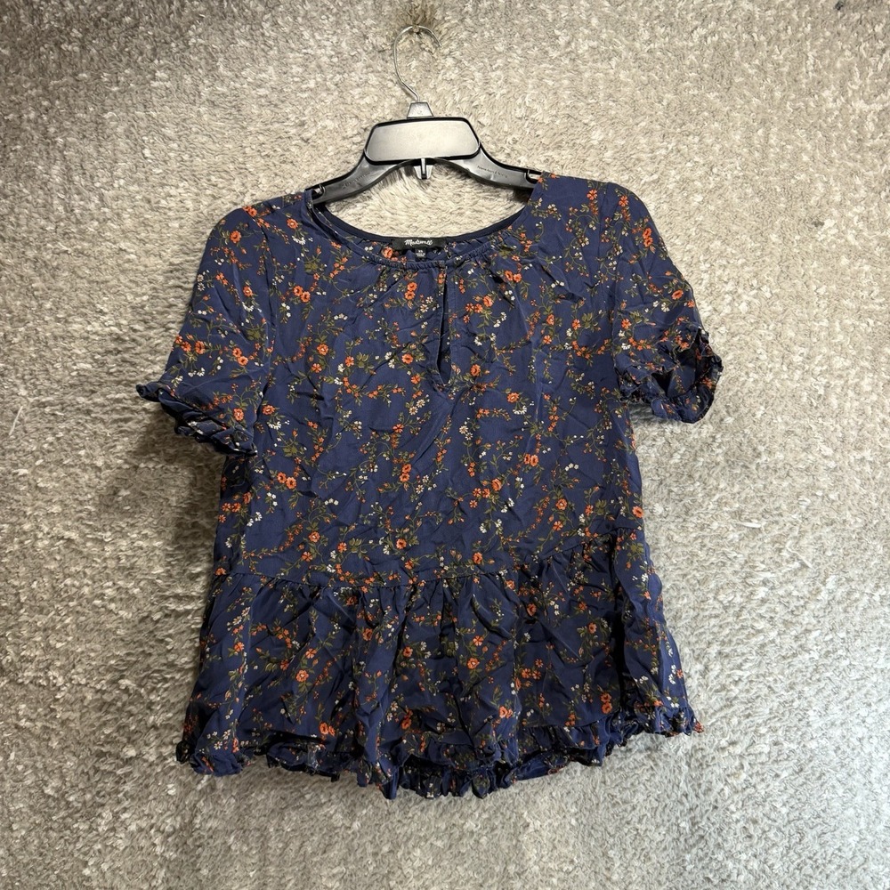 Madewell Silk Stanza Floral Ruffle-Hem Top XS Navy Blue Keyhole Blouse